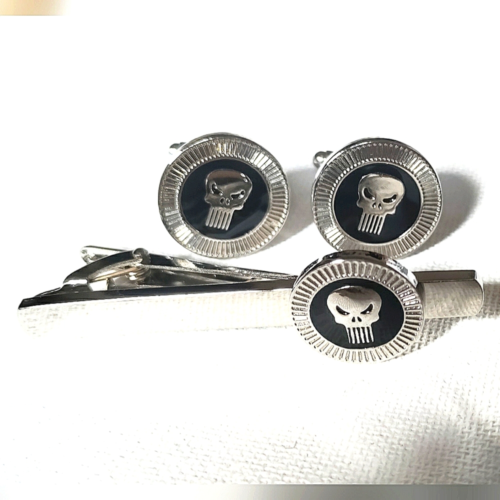 NEW! 3Pc. "THE PUNISHER" Cufflinks & Tie Bar Set. Stainless Steel.